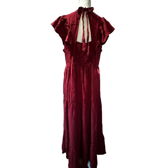 Shirt Ruffled Sleeve Romantic Maxi Burgundy Dress Ruched  Chest and Open Back - Picture 4 of 7